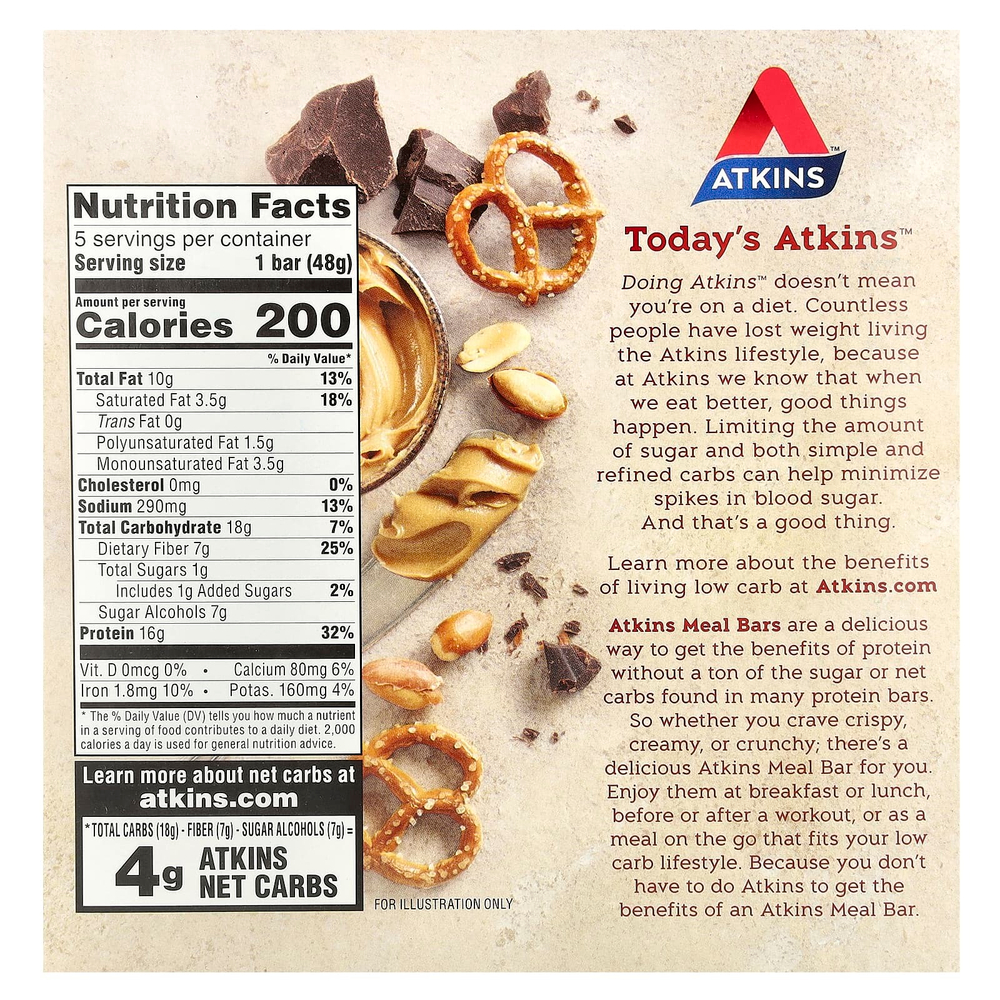 Atkins, шоколадный батончик с арахисовым маслом со вкусом претцелей, 5 батончиков, весом 48 г (1,69 унции) каждый