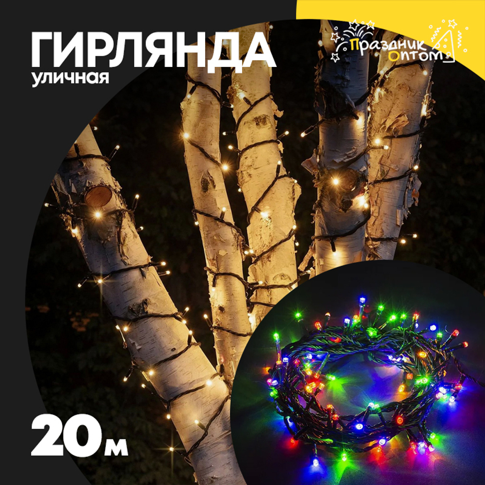 гирлянда 20м уличная черный провод (цветной)