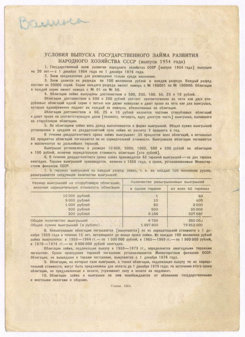 Облигация 25 рублей 1954 год. Серия № 166568. VG (подпись)