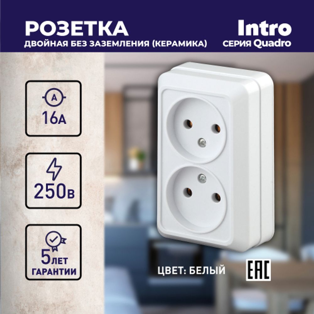 Розетка Intro Quadro 2-203-01 двойная без заземления 2х2P, 16А-250В, IP20, ОУ, Quadro, белый