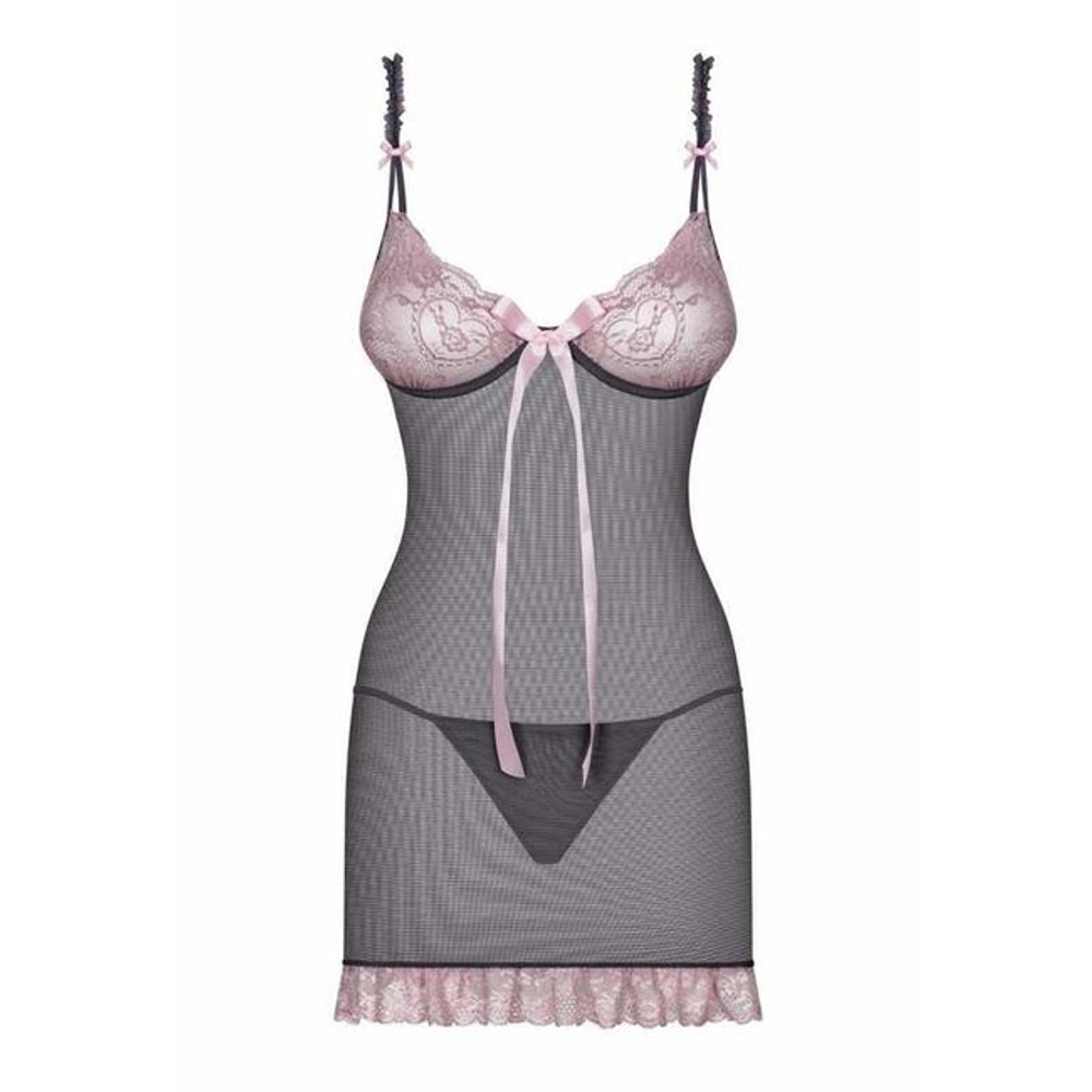 Графитовая сорочка с розовым кружевом Dovelia Chemise (46-48) (Цвет: серый, розовый)