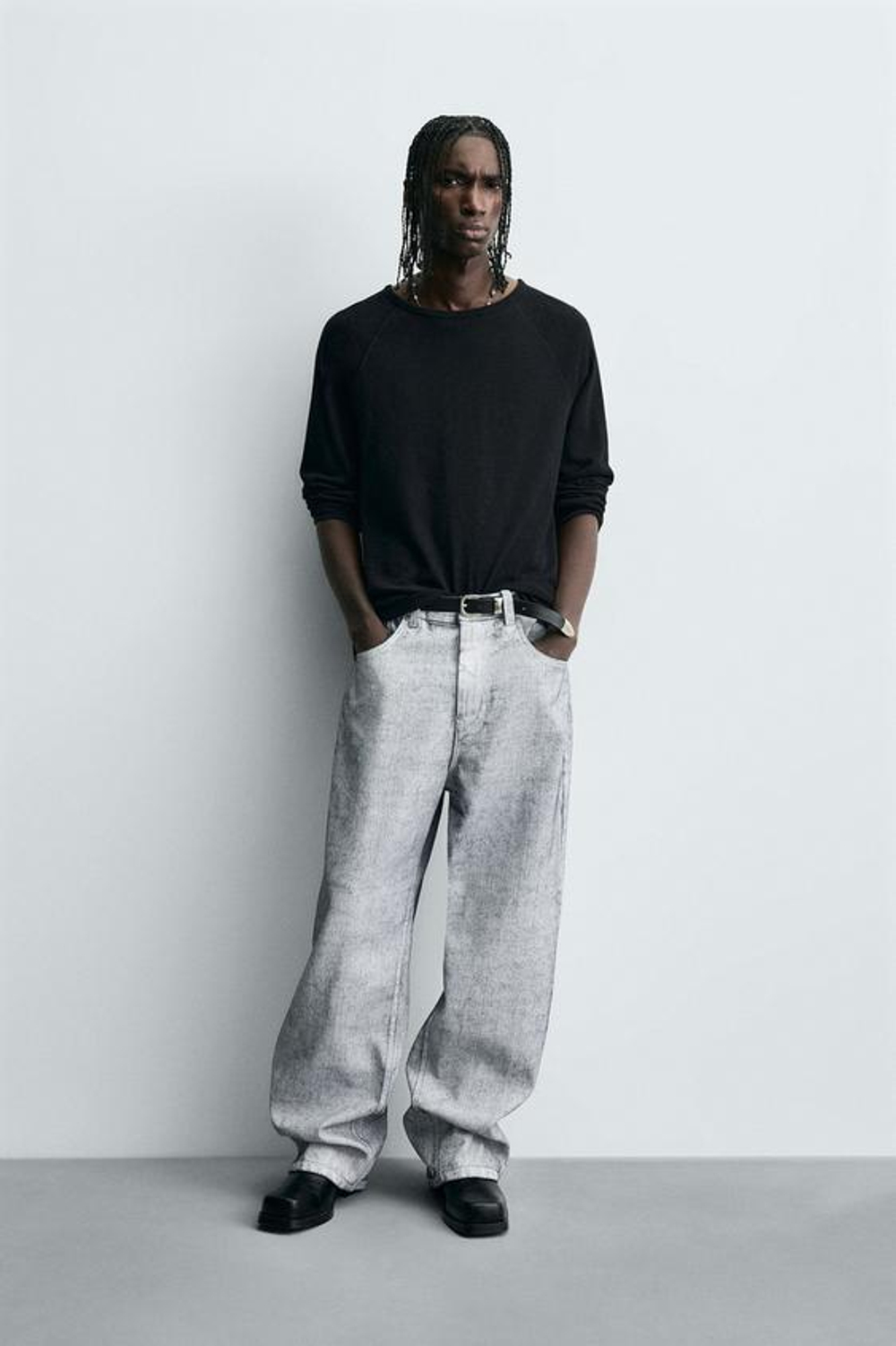 ZARA ДЖИНСЫ BAGGY FIT С ВОСКОВЫМ ПОКРЫТИЕМ, БЕЛЫЙ