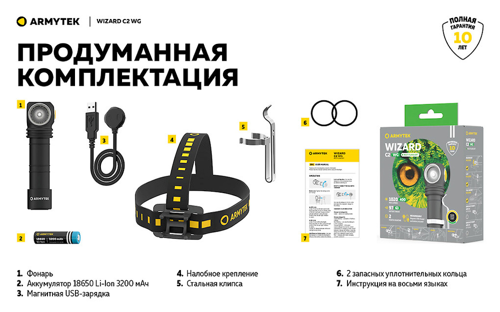 Фонарь Armytek Wizard C2 WG (свет тёплый/зелёный) [F09201W]