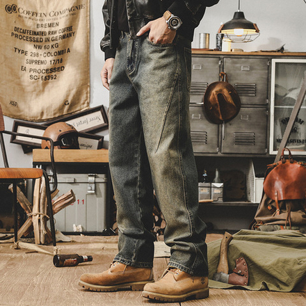 Джинсы мужские прямые потертые от марки JIELEINUO сезон весна-осень