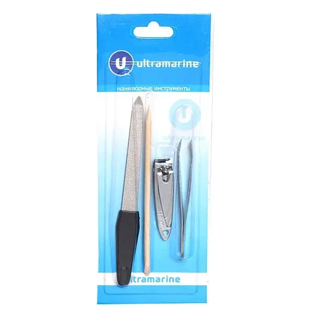 Маникюрный набор на блистере, 4 предмета «Ultramarine» (пилка металлическая, кусачки, апельсиновая палочка и пинцет)