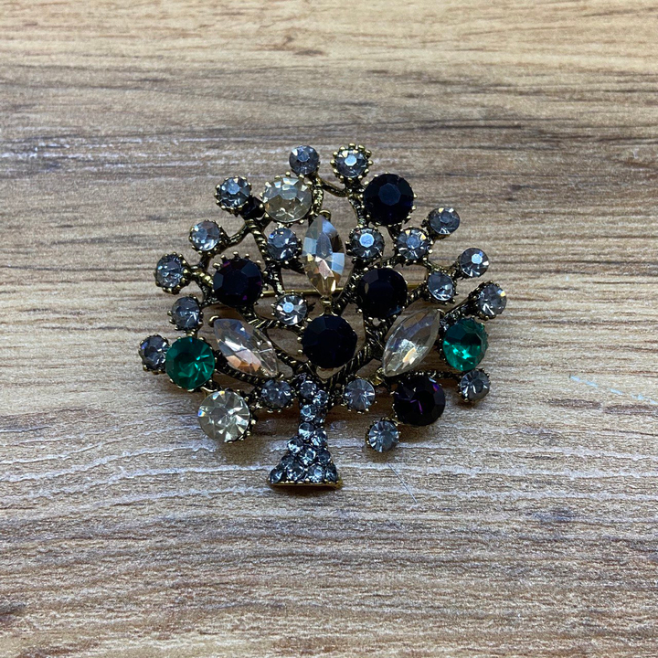 Брошь Дерево кристалл бежевый черный зеленый стразы серые металл золотистый