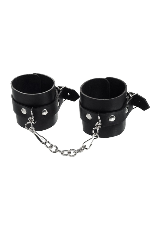 Черные однослойные наручники из натуральной кожи с цепочкой