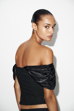 ZARA ТОП ИЗ БУКЛИРОВАННОЙ ТКАНИ, ЧЕРНЫЙ/ЭКРЮ