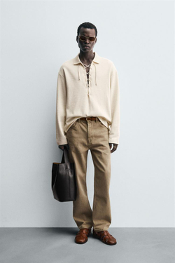 ZARA ПОЛО С ТЕКСТУРОЙ И ШНУРКОМ, ЖЕЛТОВАТО-БЕЛЫЙ