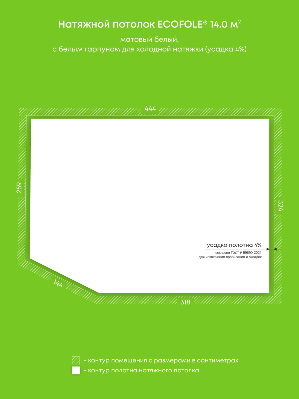 Матовый натяжной потолок 14 м2