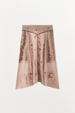 ZARA ЮБКА МИДИ С ВЫШИВКОЙ, ЦВЕТАМИ И БУСИНАМИ, РОЗОВАТЫЙ