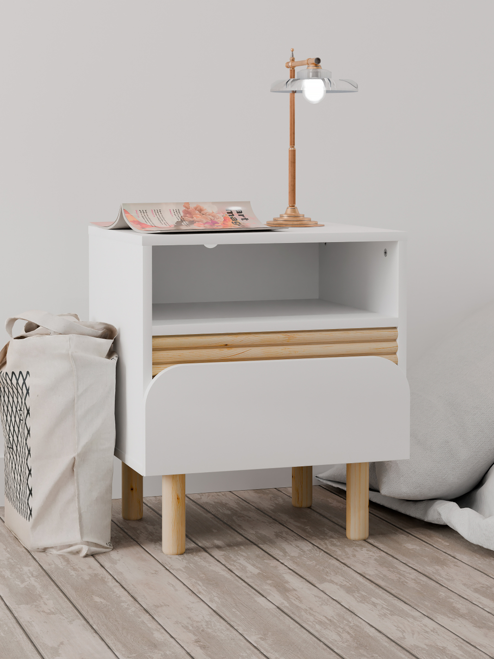 Тумба прикроватная Ола с ящиком, на деревянных ножках