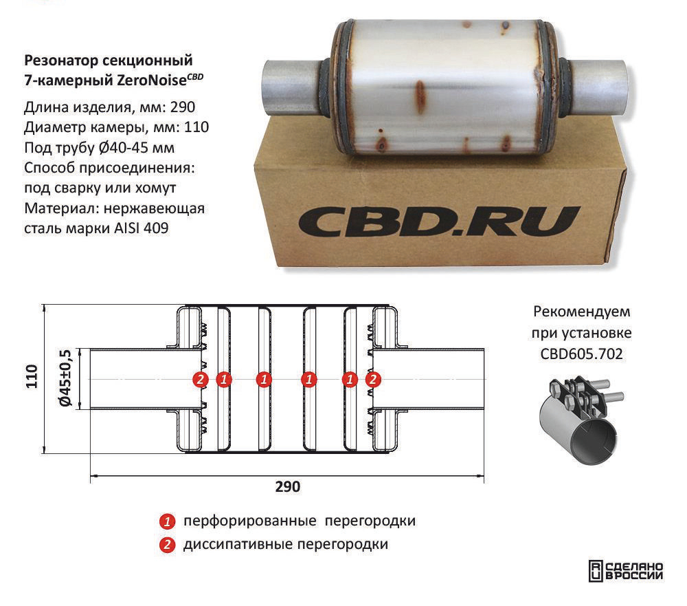 Резонатор ZeroNoise под трубу D45 Нержавеющий AISI 409 CBD512102