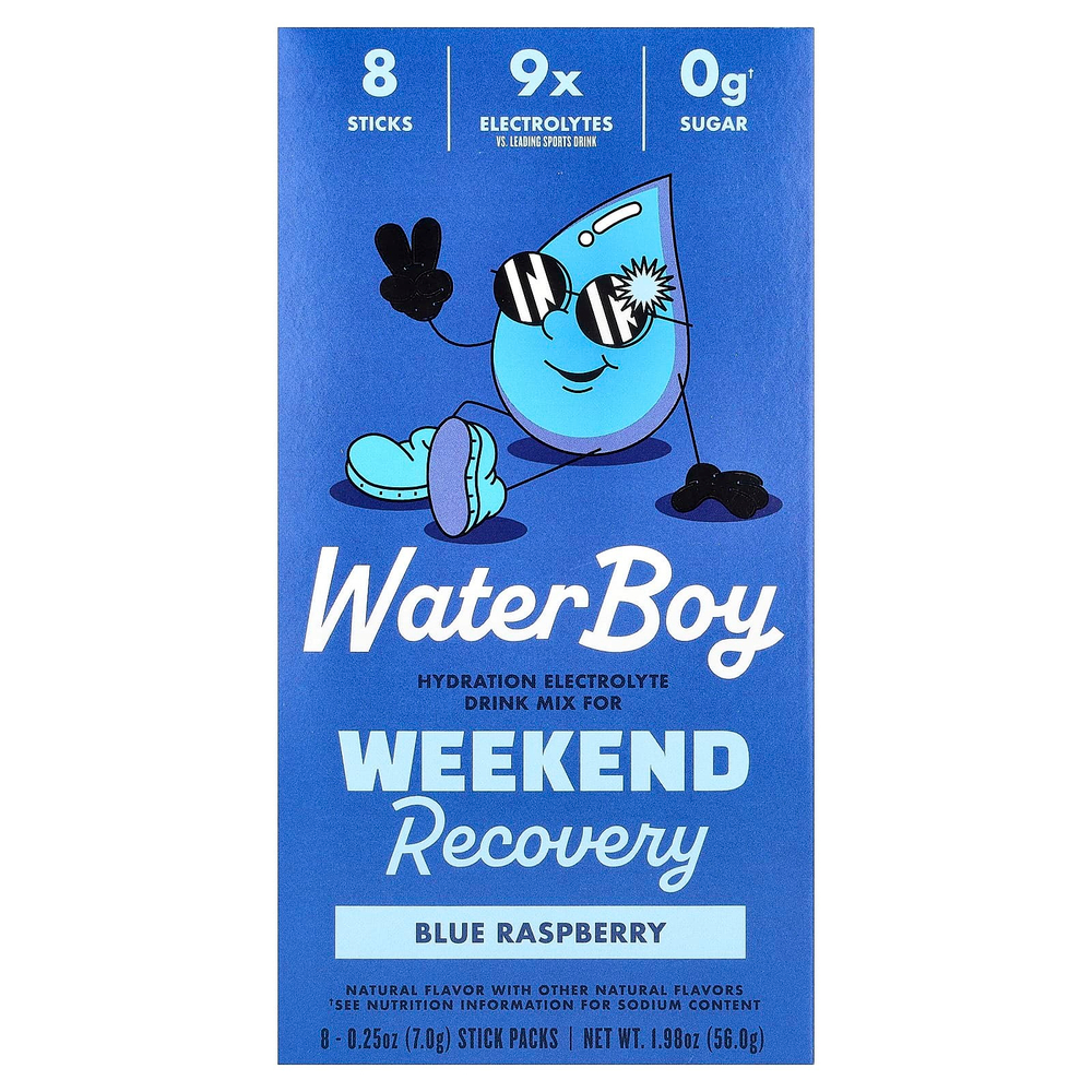 Waterboy, Weekend Recovery, смесь для приготовления напитков с электролитами для гидратации, голубая малина, 8 пакетиков по 7 г (0,25 унции)