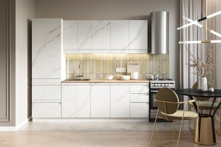 Кухонный гарнитур Денуа Монте, модульный, белый мрамор, 240см