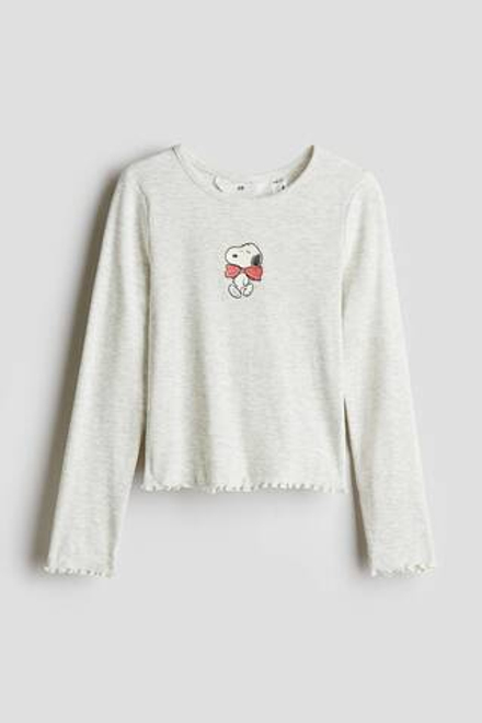 H&M Лонгслив из хлопка с принтом, светло-серый меланж
