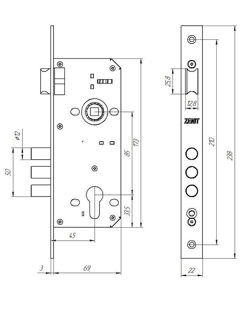 Замок врезной ЗВ4-85 (корпус) 85мм Зенит