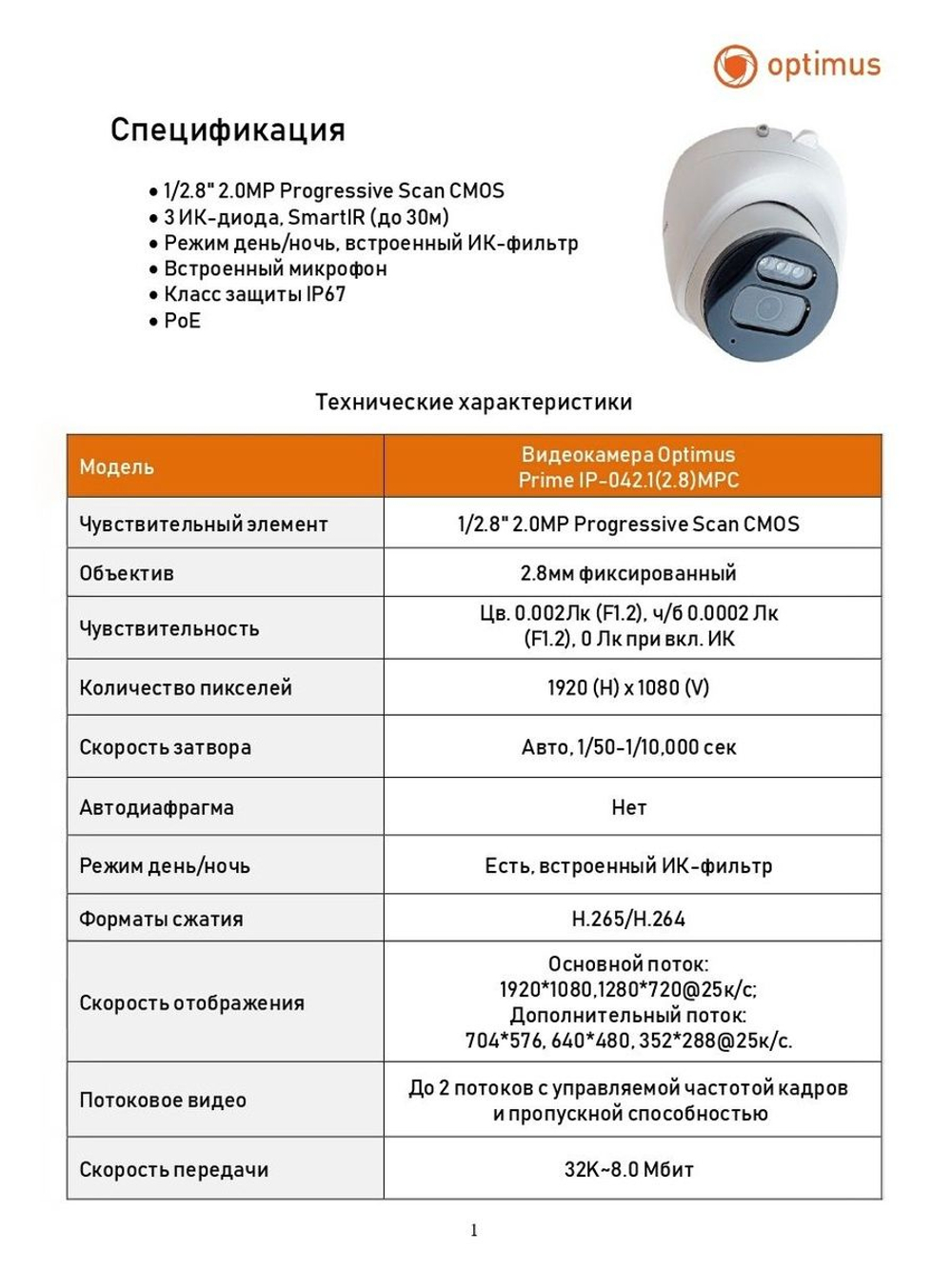 Видеокамера Optimus Prime IP-042.1(2.8)MPC