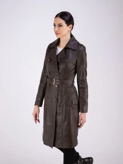 Тренч длинный кожаный с поясом плащ на весну