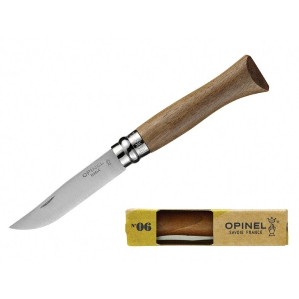 Нож Opinel №6, нержавеющая сталь, ореховая рукоять в картонной коробке.