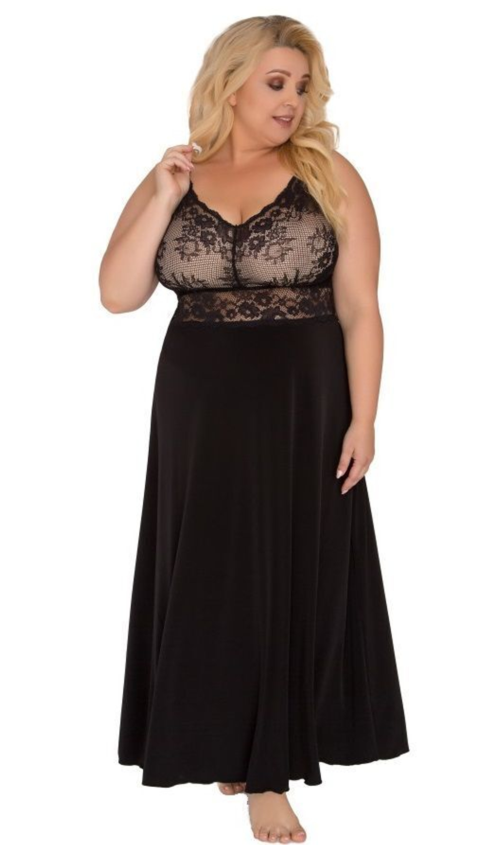 Длинная сорочка с ажурным лифом (Размер: XL) (Цвет: черный)