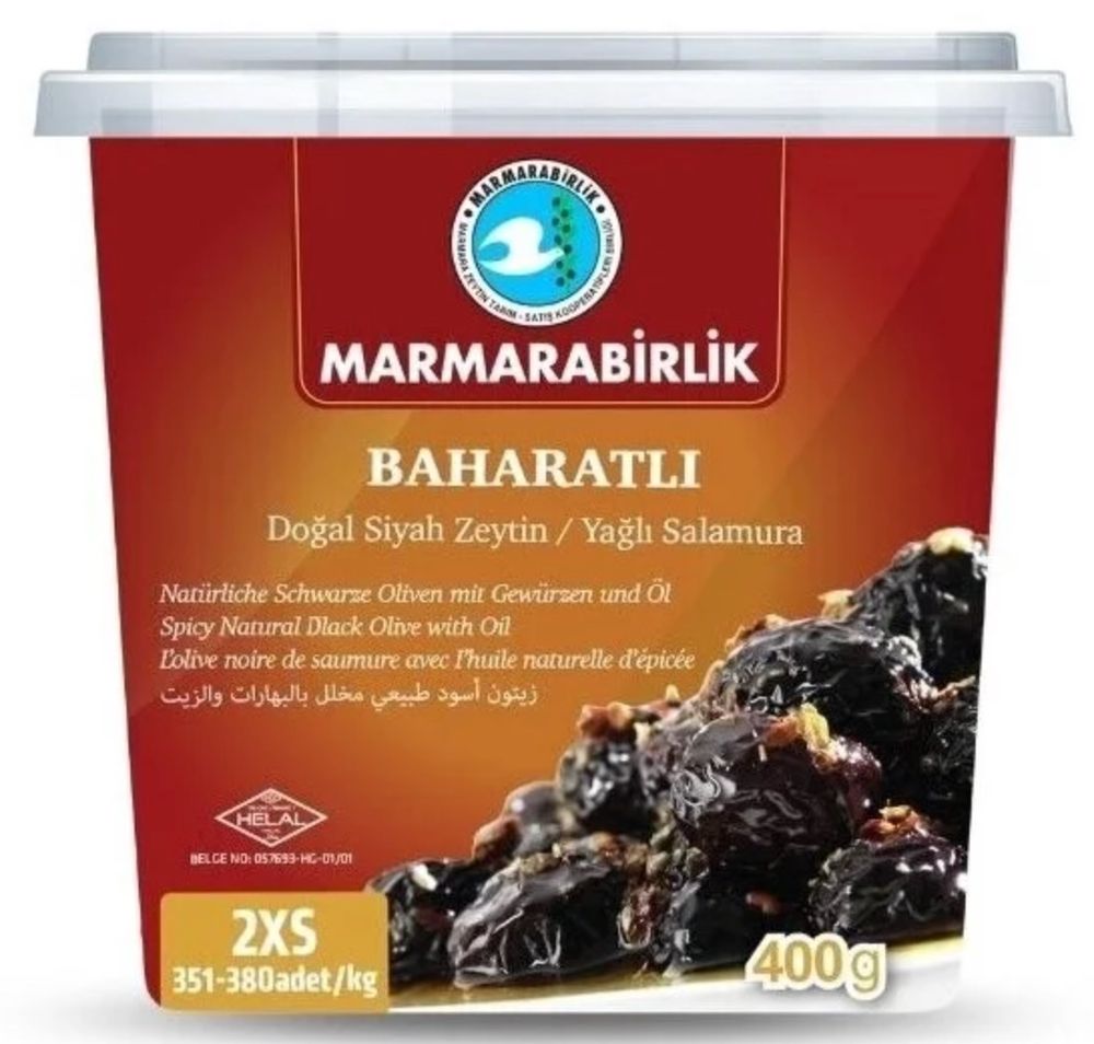 Маслины Marmarabirlik Baharatli 2XS черные вяленые с косточкой в масле и специях, 400 г