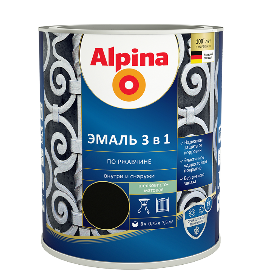 ЭМАЛЬ ПО РЖАВЧИНЕ ALPINA 3 В 1 ШЕЛК-МАТ RAL9005, 0,75Л / 0,80КГ