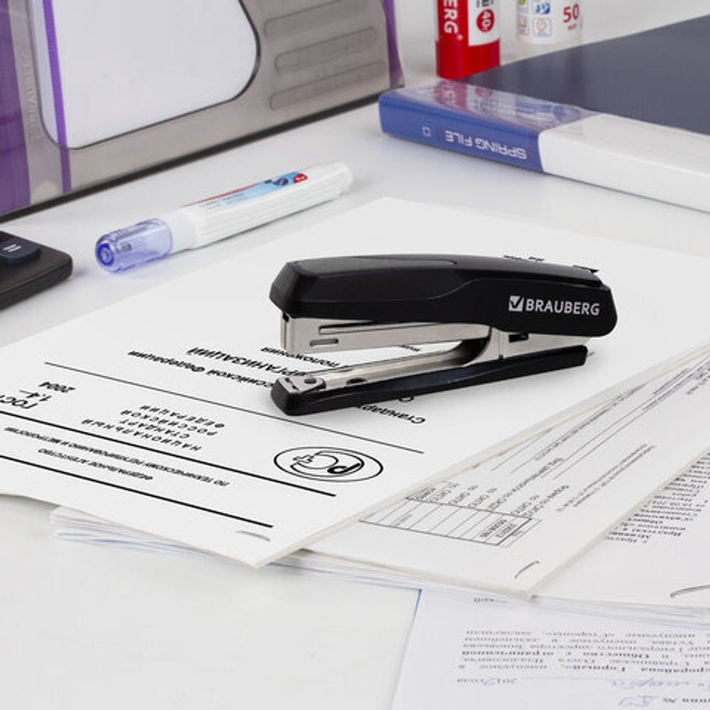 Степлер №10 BRAUBERG "Extra", до 20 листов, антистеплер, черно-серый, 229080
