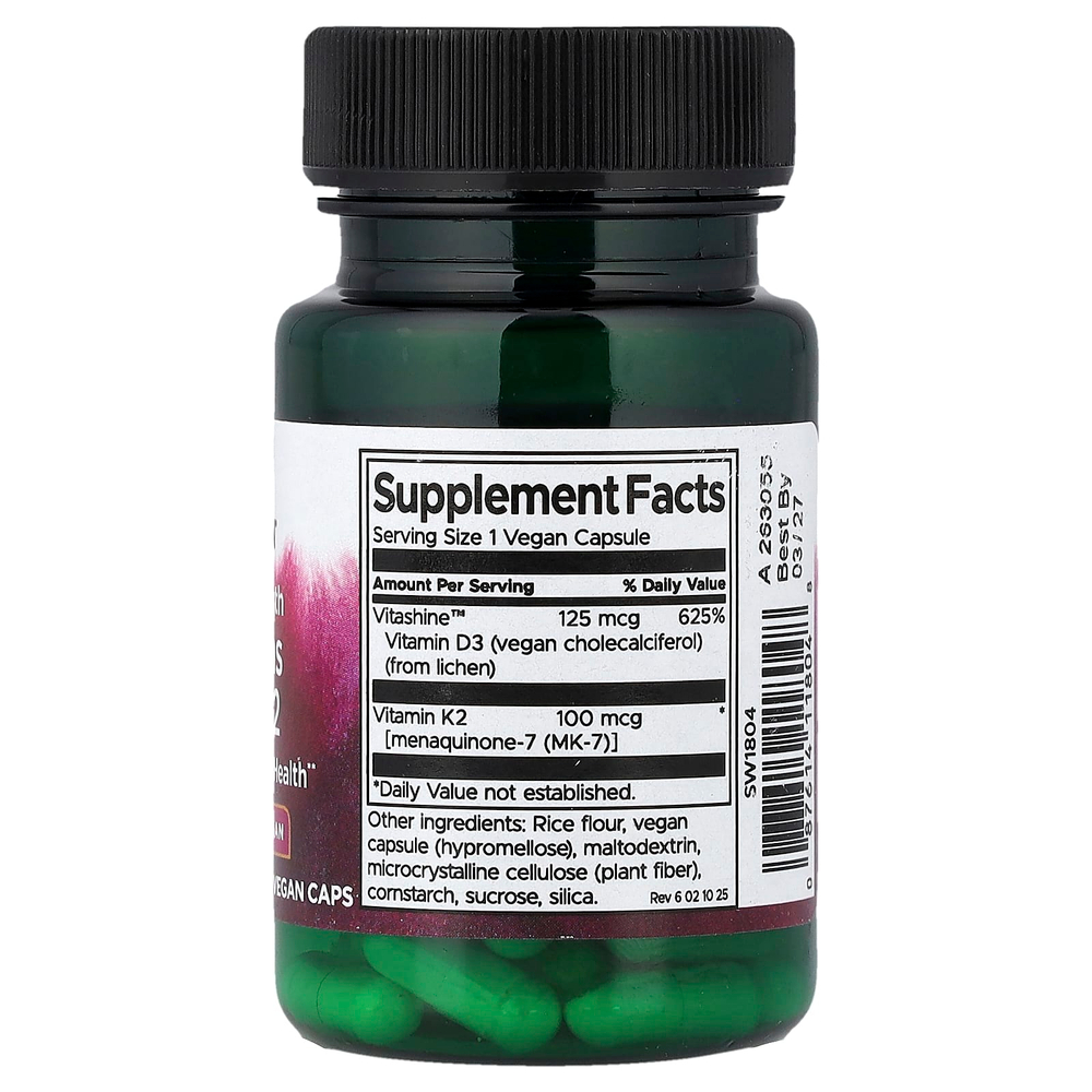 Swanson, Витамины D3 и K2, 60 растительных капсул