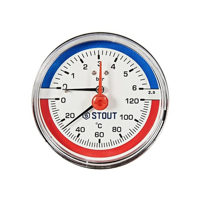 Термоманометр аксиальный STOUT - 1/2" (D80 мм, шкала 0-120°C/0-10 бар с запорным клапаном)
