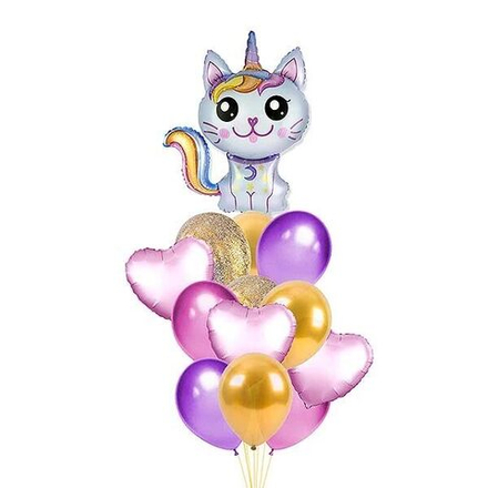 Композиция шаров "Кошка единорог с розовыми сердцами"