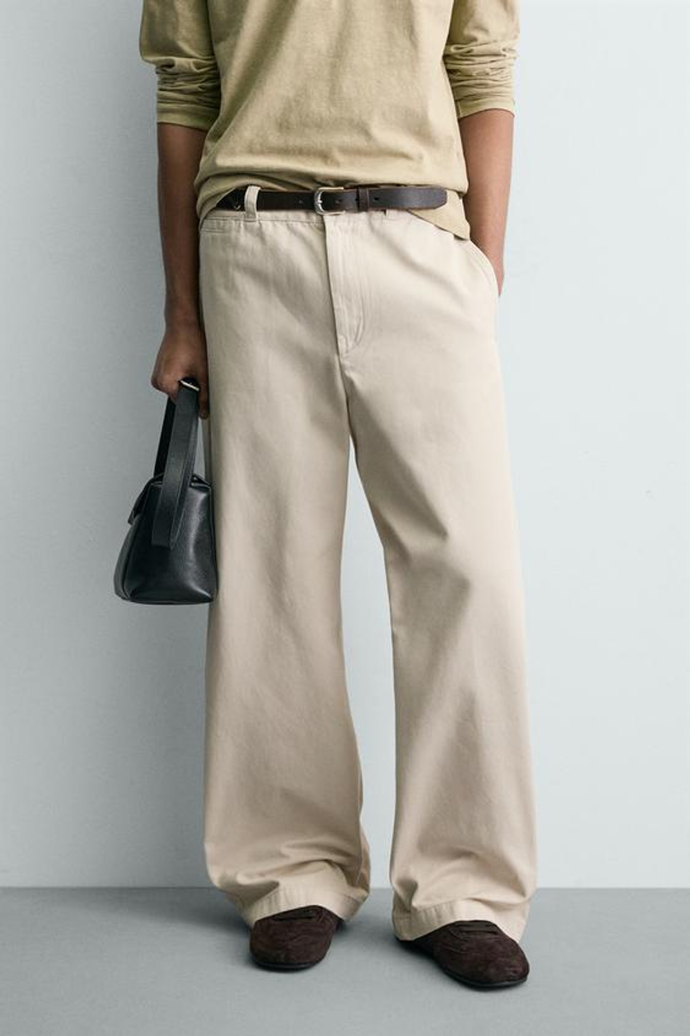 ZARA БРЮКИ ЧИНОСЫ ШИРОКОГО КРОЯ, ЖЕЛТОВАТО-БЕЛЫЙ