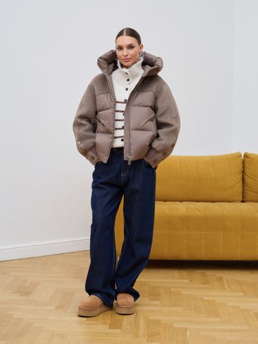 Комбинированный коричневый пуховик с капюшоном