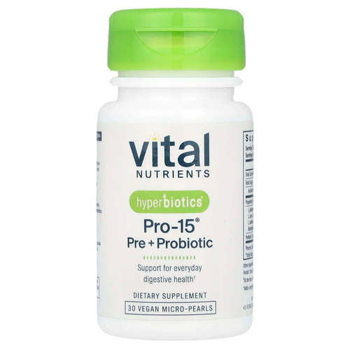 Vital Nutrients, Hyperbiotics®, Pro-15®, пре + пробиотик, 30 веганских микрогранул