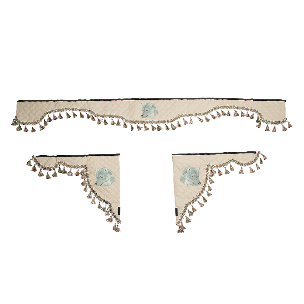 Ламбрекен с косынками универсальные стеганые Волк (экокожа, бежевый, бежевые кисточки)