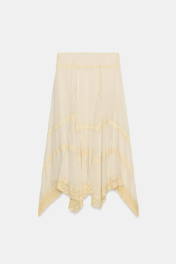 ZARA ЮБКА МИДИ С КРУЖЕВОМ — ZW COLLECTION, ЖЕЛТОВАТО-БЕЛЫЙ
