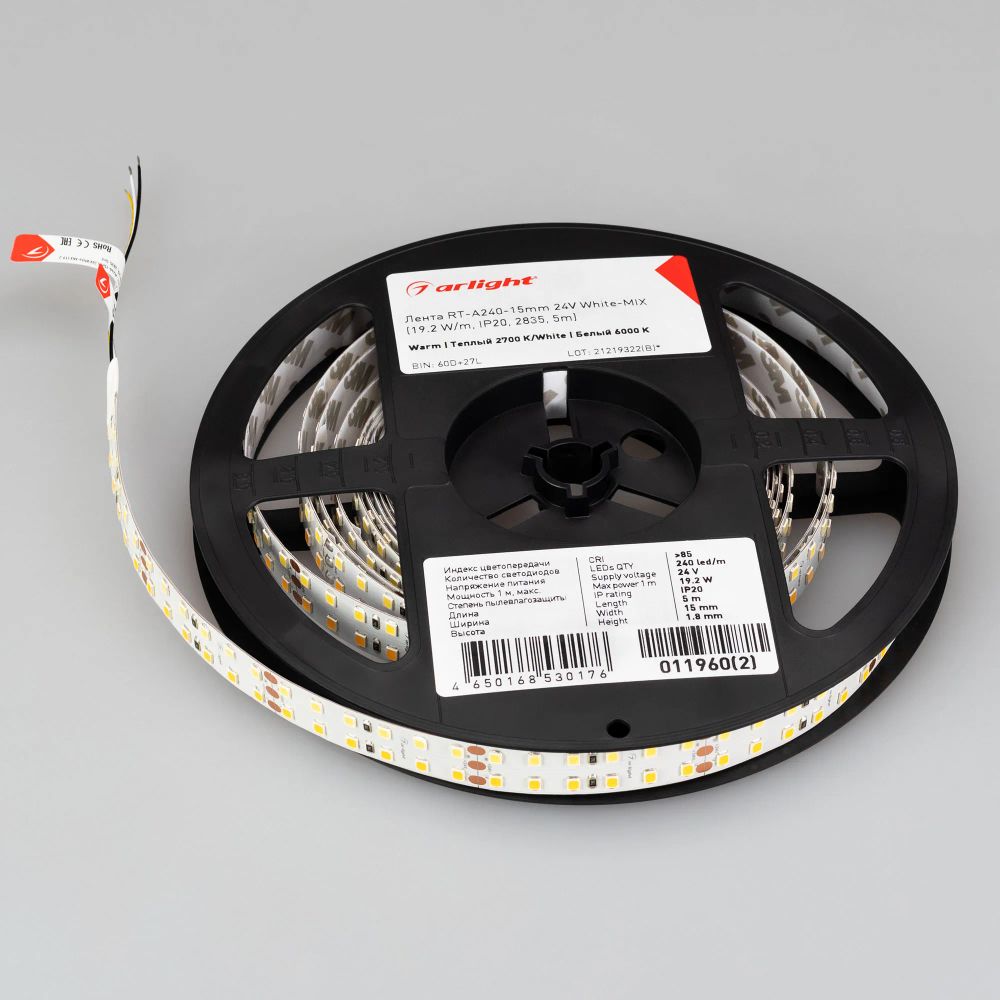 Светодиодная лента RT-A240-15mm 24V White-MIX (19.2 W/m, IP20, 2835, 5m) (Arlight, Изменяемая ЦТ) 011960(2)