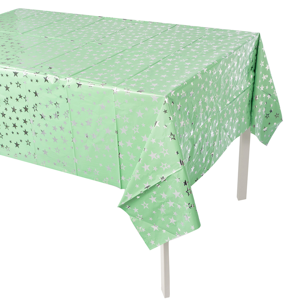 Скатерть металлизированная в мятном цвете с серебряными звездами, 137*183 см