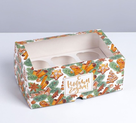 Коробка для 6 капкейков "Новогодние сладости" с окном 25х17х10 см