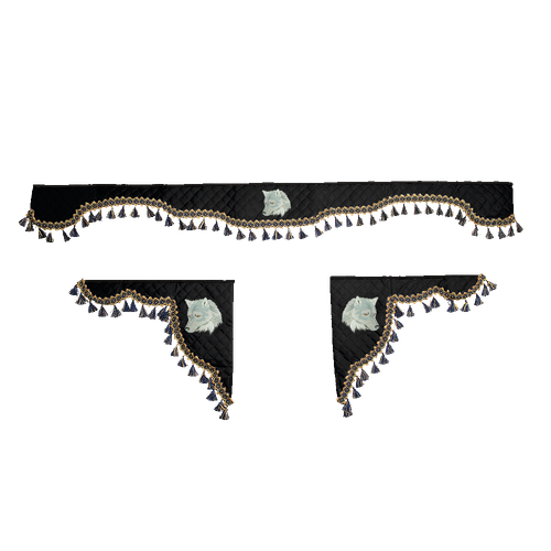 Ламбрекен с косынками универсальные стеганые Волк (экокожа, черный, синие кисточки)