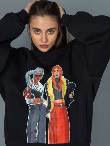 Свитшот женский оверсайз с принтом fashion girls черный