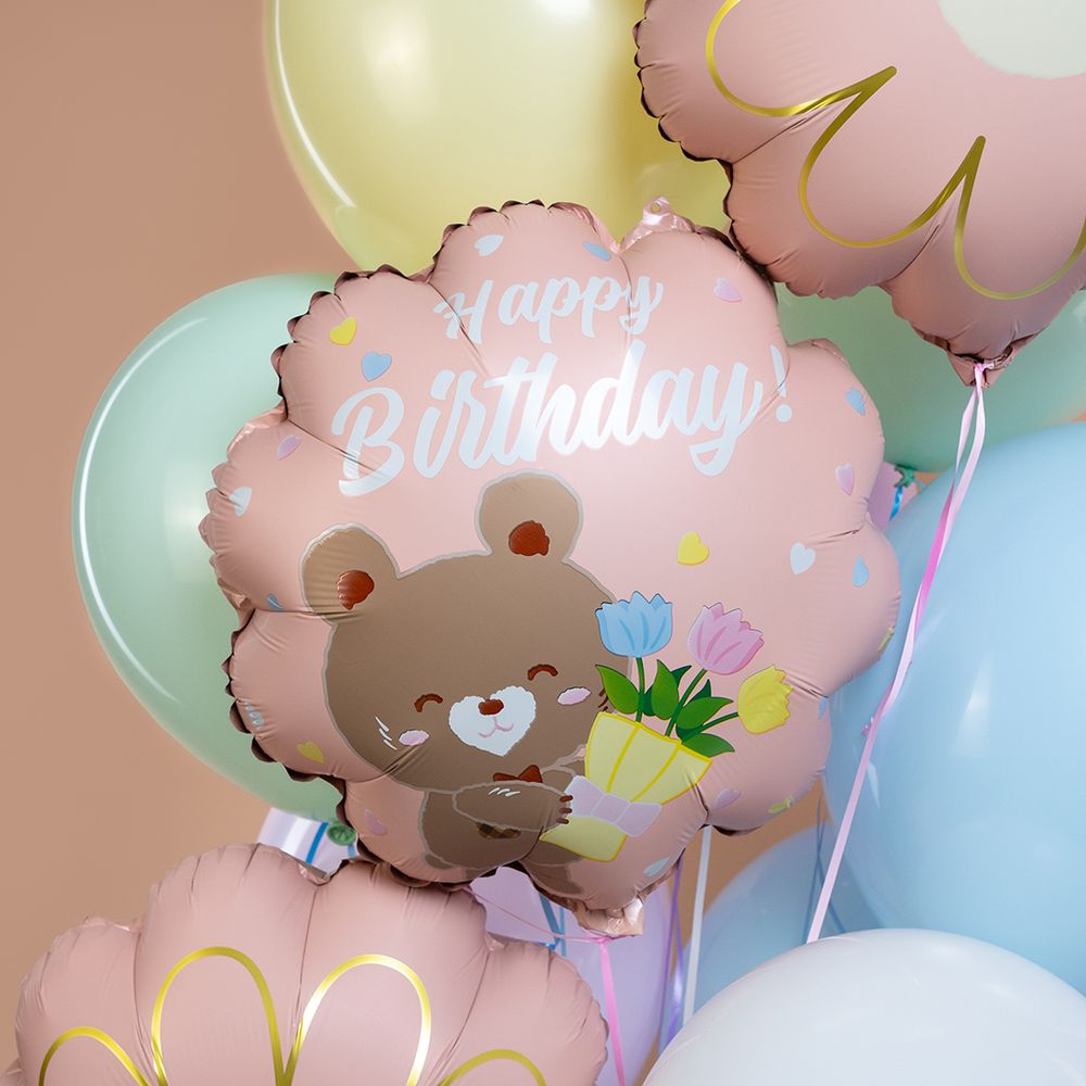 Шар (18''/46 см) Круг, Happy Birthday (мишка с букетом), Розовый, 1 шт.