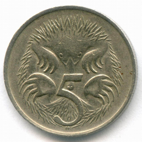 5 центов 1966 год. Австралия (Елизавета II). Ехидна. Медно-никель, диаметр 19.4 мм. VF-XF