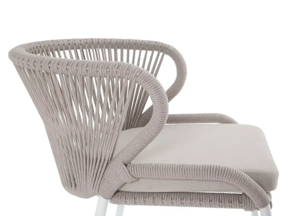 "Милан" стул плетеный из роупа, каркас алюминий белый муар, роуп бежевый круглый, ткань бежевая 15052