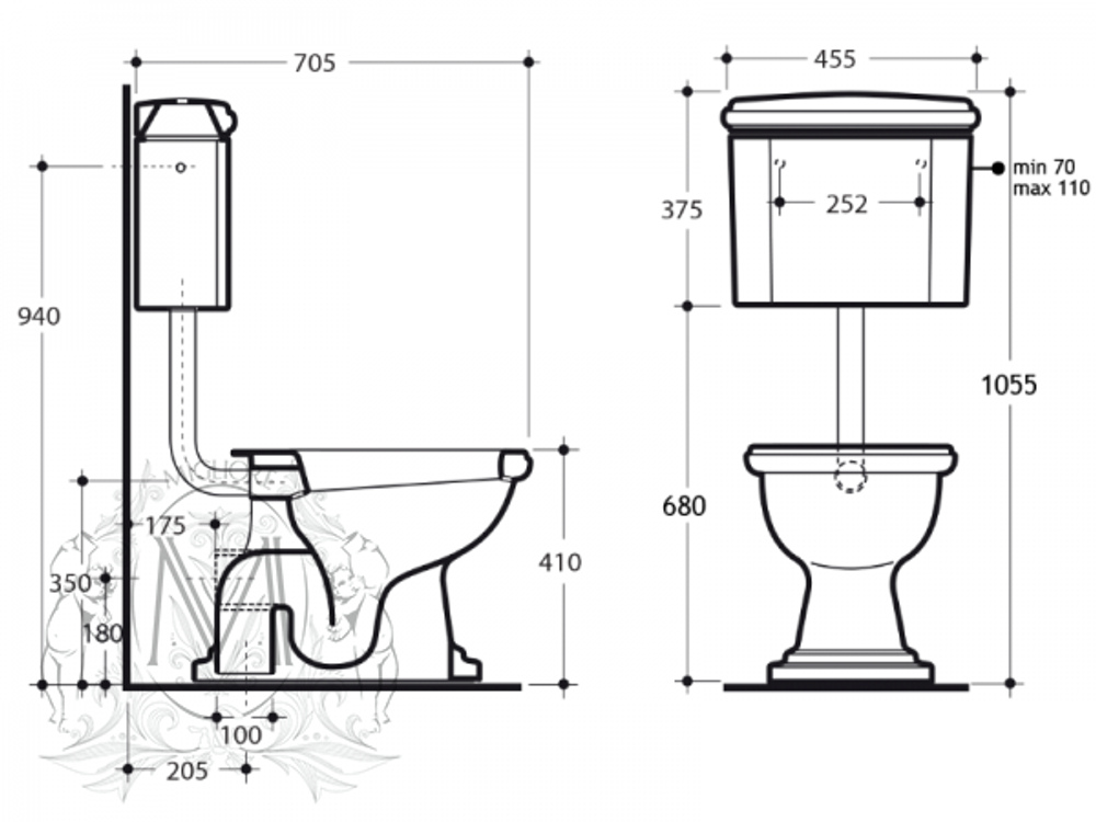 Унитаз напольный  Migliore Bella средний бачок с ручкой смыва, бронза