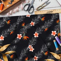 Ткань оксфорд 210 белые водоросли с цветком и кленовым листом