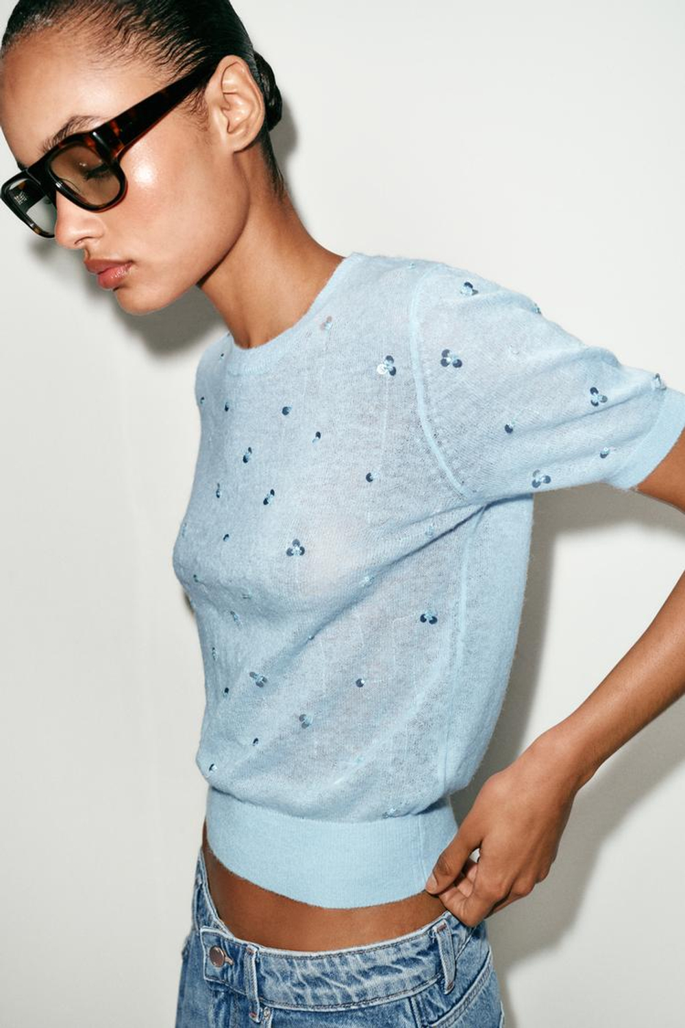 ZARA ТРИКОТАЖНЫЙ СВИТЕР С КОРОТКИМИ РУКАВАМИ, ПАСТЕЛЬНО-СИНИЙ