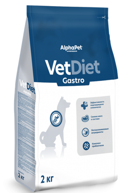Сухой корм AlphaPet VET DIET для взрослых собак GASTRO при расстройстве пищеварительной системы и истощении - 2 кг