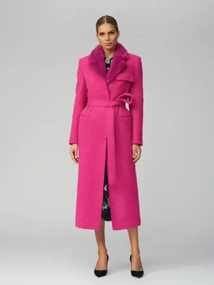 Женское пальто фуксия шерстяное с поясом и прорезными карманами