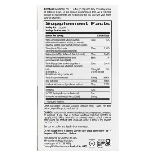 Country Life, комплекс коэнзимов группы B, улучшенная формула, 60 веганских капсул